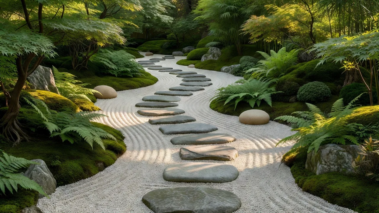 緑深い庭園の石畳