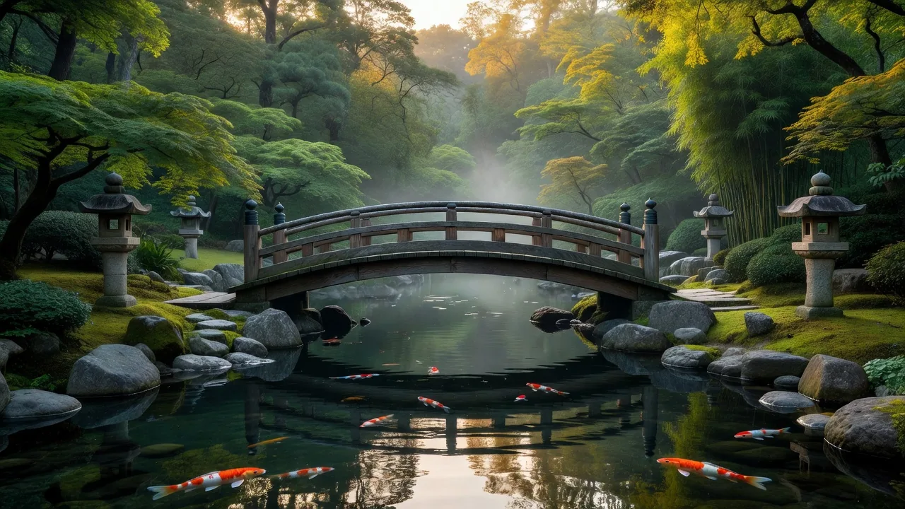 鯉の泳ぐ池に映る木橋