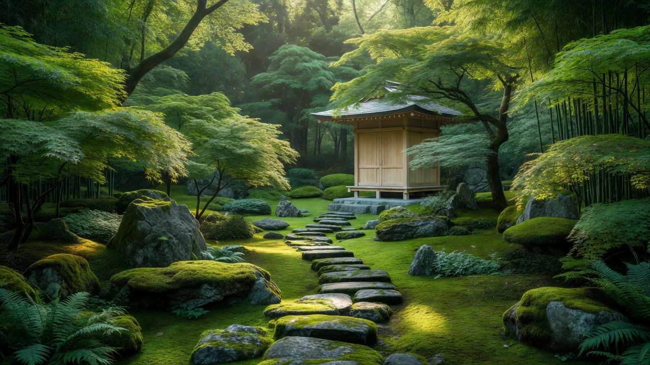 東屋へと続く苔の小径
