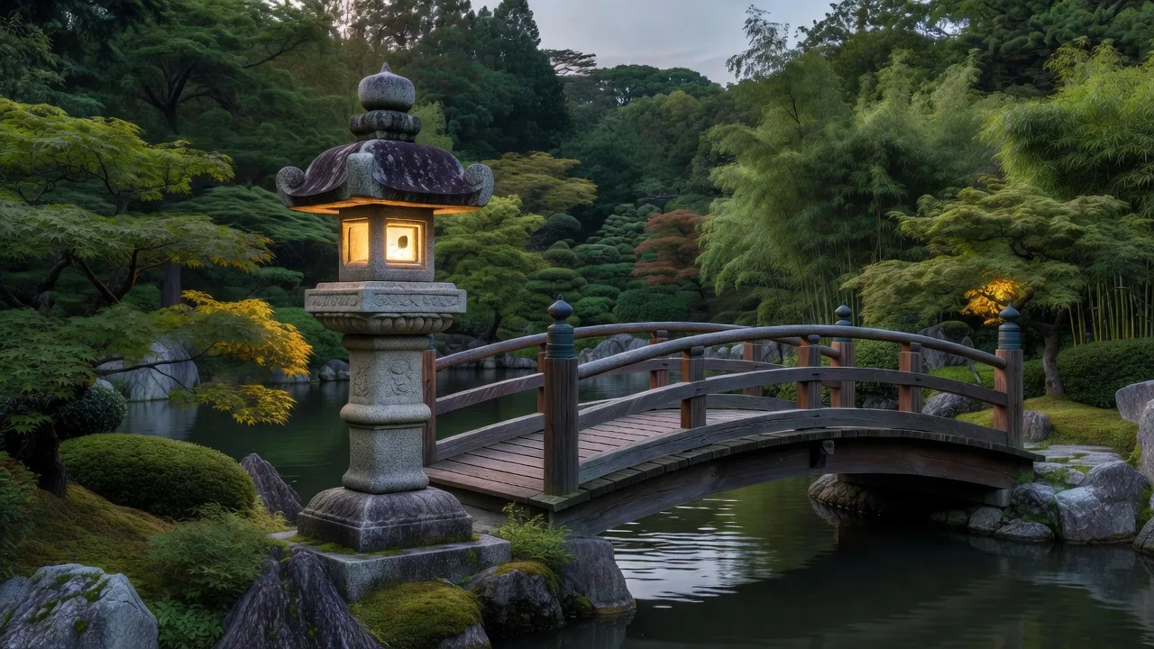 黄昏時の石灯籠と木橋