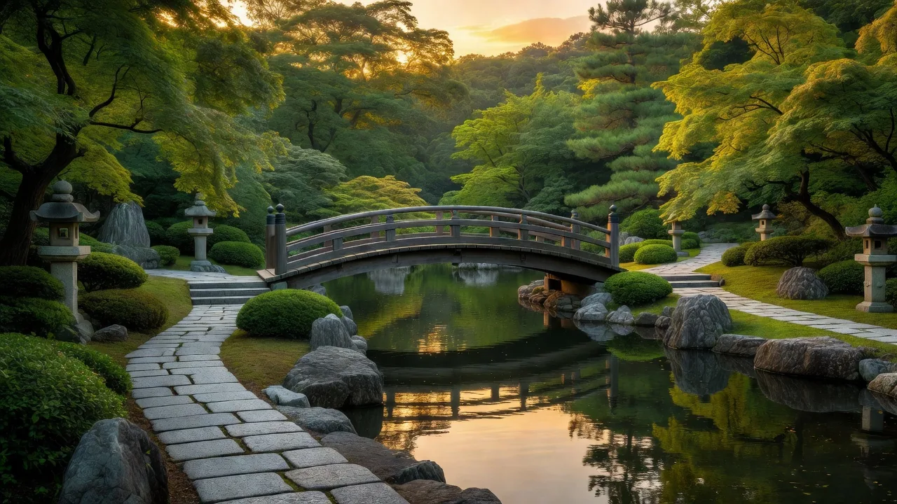 黄金色に染まる池と橋