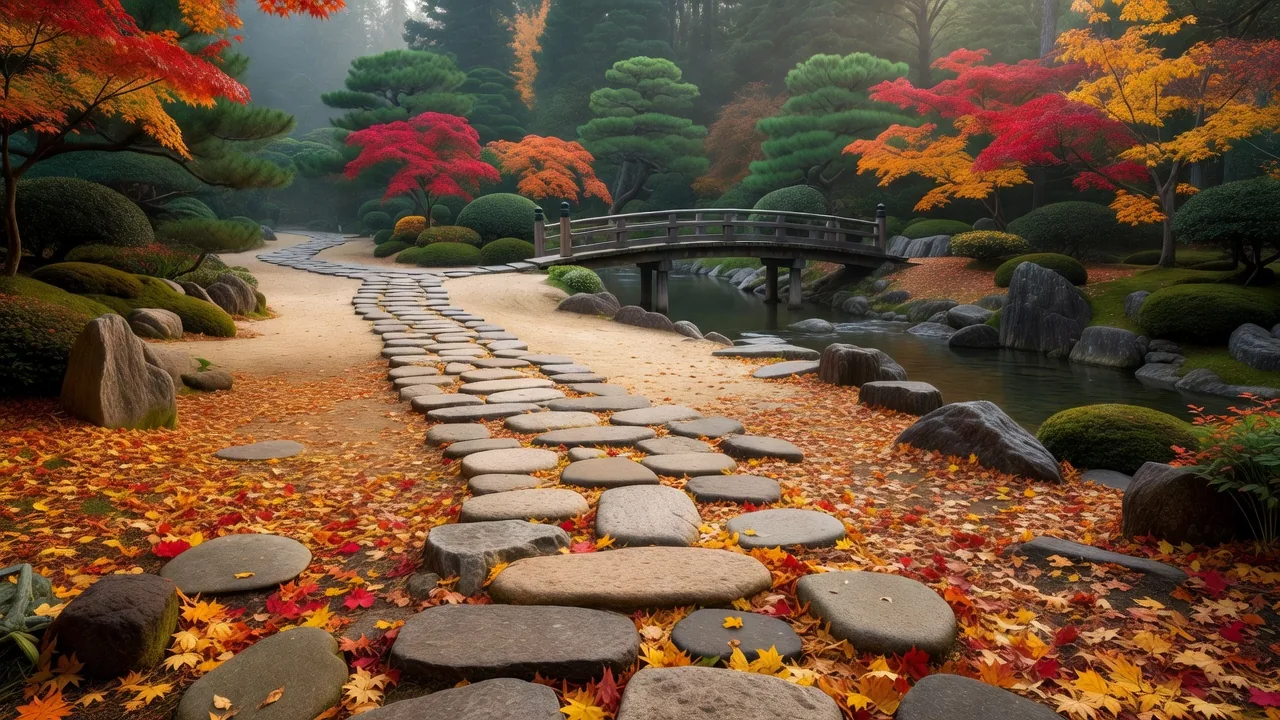 落ち葉舞う石畳と橋