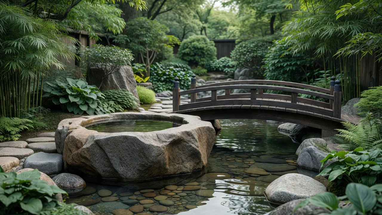 石の水鉢がある庭園