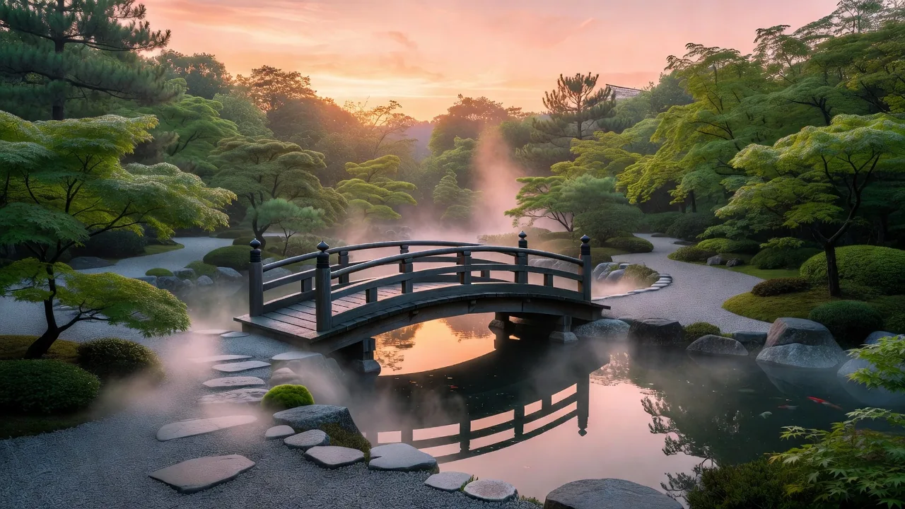 朝霧に包まれる庭園